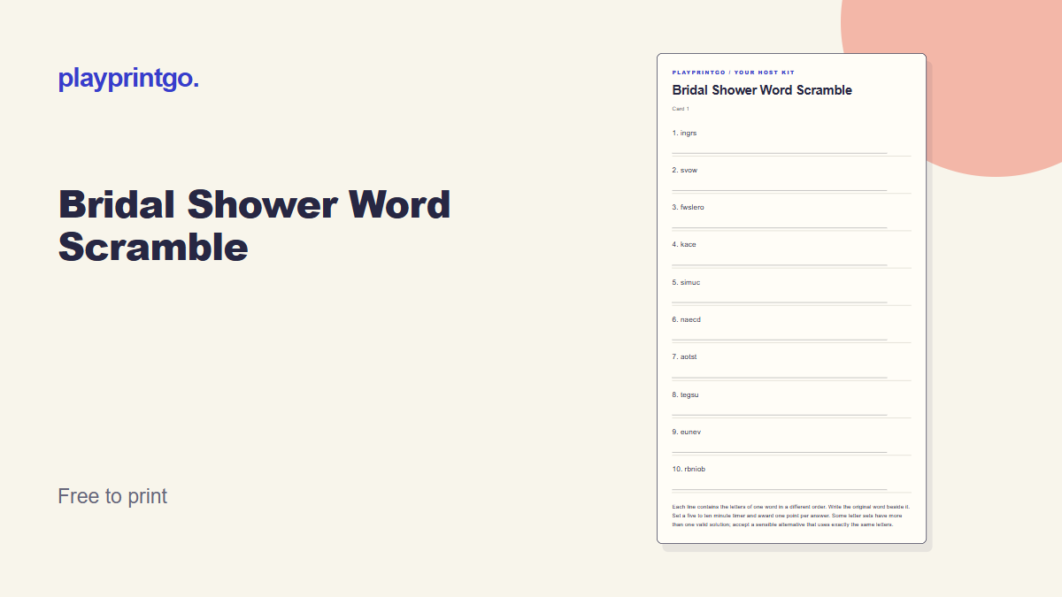 Bridal Shower Word Scramble - Live preview