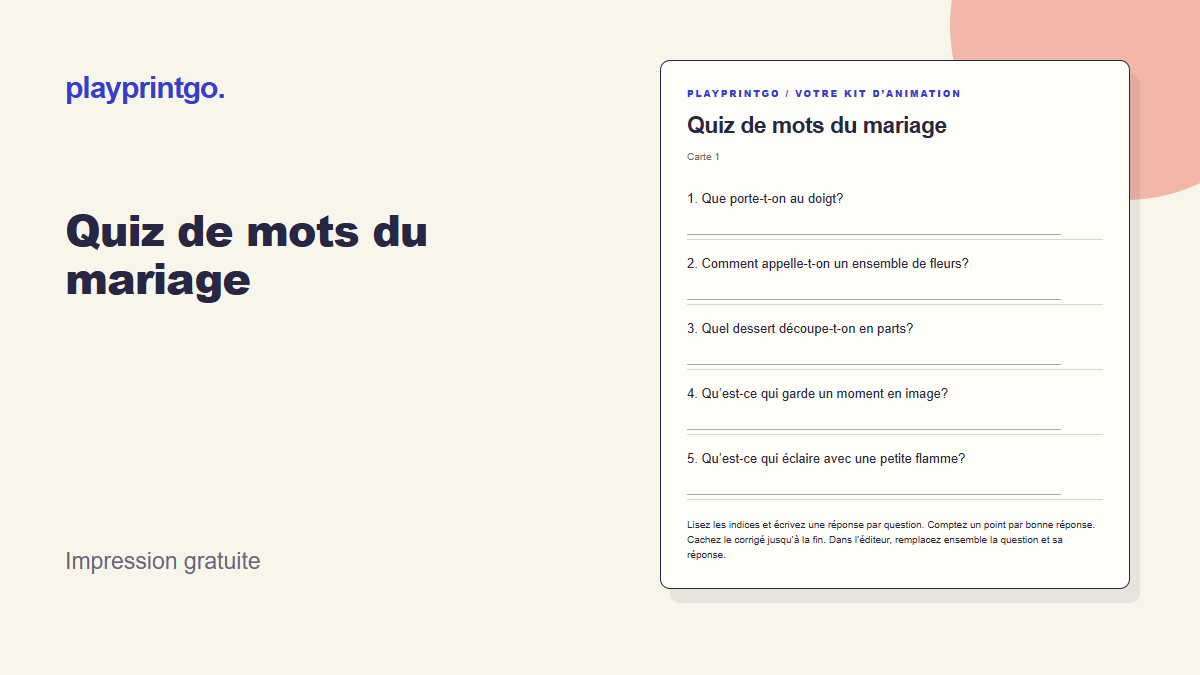 Quiz de mots du mariage - Aperçu